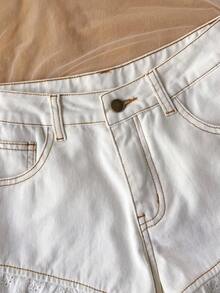 Soleia Quần short denim nữ kiểu dáng thường ngày có túi và gấu quần xếp ly. - trắng - Xem 5