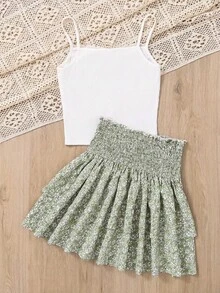 SHEIN 青少女休閒舒適背心上衣和花朵裙子連身套裝 - 白色 - 查看 2