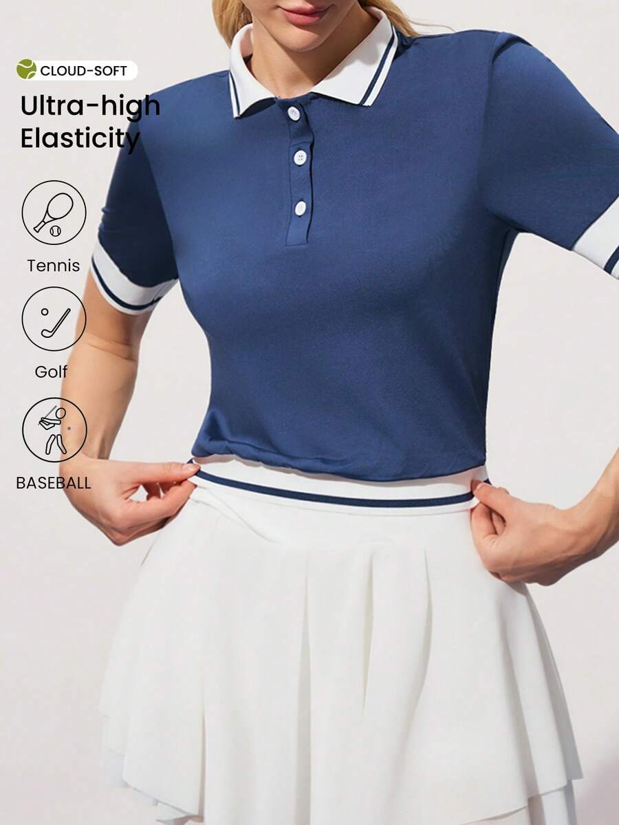Gameset SHEIN Sport 女士撞色 Polo 领纽扣半开襟休闲百搭日常高尔夫 Polo 衫,短袖 - 藍色 - 查看 1