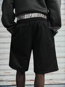 Modcrash Men's Summer Casual Colorblock Waistband Letter Embroidery Drawstring Waist Shorts , Retro American, Unisex, Relaxed Fit Summer Outfits – Suitable For Everyday Wear And Summer Holiday Outfits. - Black - View 6