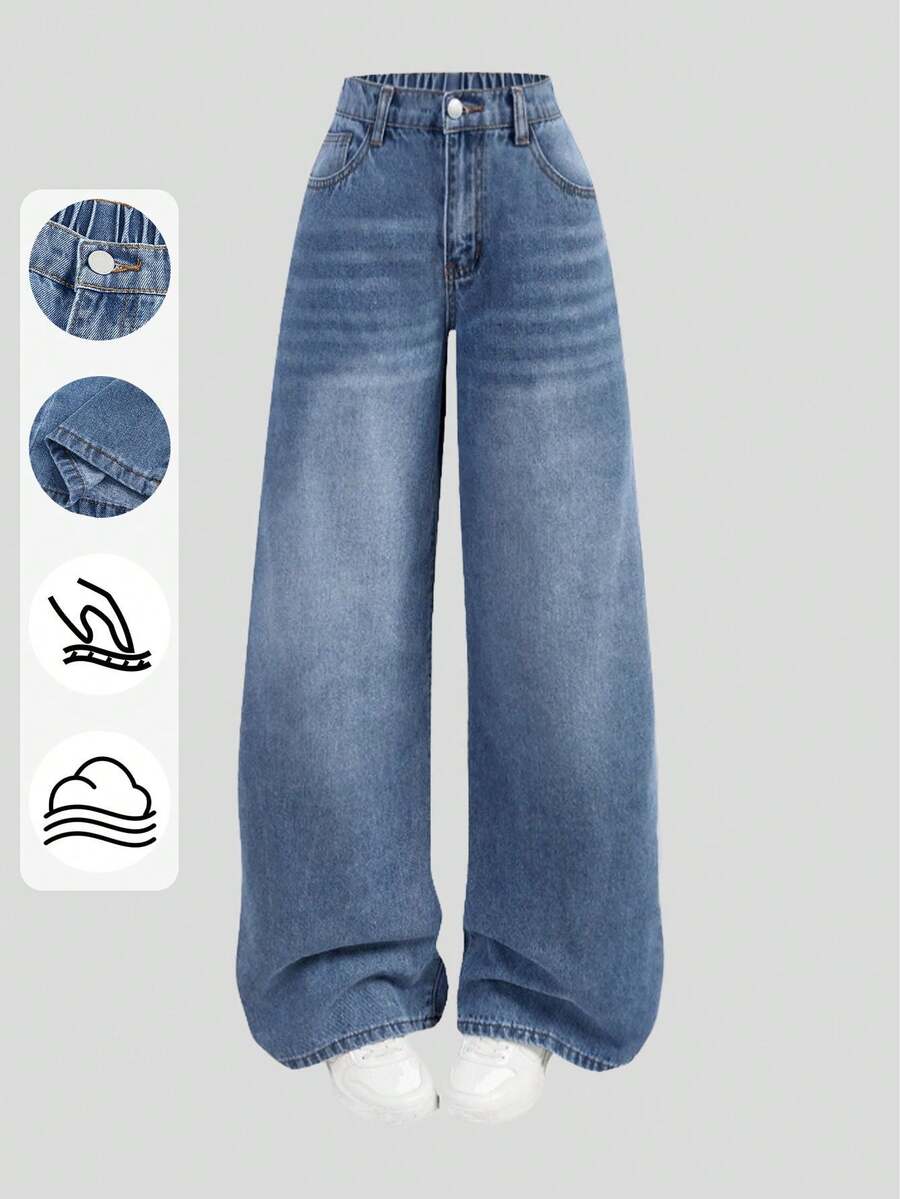 SHEIN Girlism 青少年女孩時尚休閒 Y2K 復古酷感街頭回校大學風 淺藍色清新水洗牛仔低腰寬鬆牛仔褲 日常穿搭 - 淺色水洗藍 - 查看 1