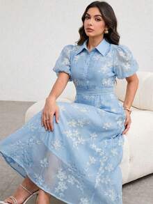 Vestido elegante de talla grande con bordado floral, para verano - Azul - Ver 5