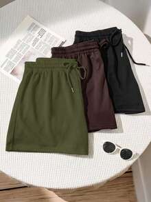SHEIN EZwear Plus Size Women's Solid Color Drawstring Waist Loose Casual Shorts - Multicolor - View 5