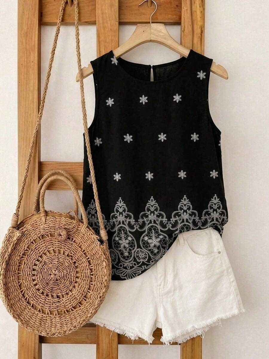 Franclia 女士优雅刺绣印花休闲无袖上衣，适合日常通勤和夏季穿着 - 彩色 - 查看 1