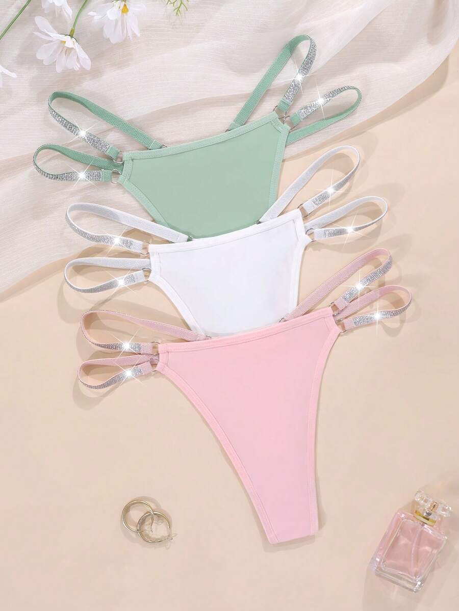 SHEIN 3条装女士纯色亮片拼接丁字裤 - 彩色 - 查看 1
