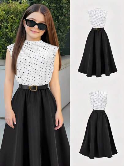 SHEIN Tween Girl Fashionable Elegant Color Block Round Neck Sleeveless Dress