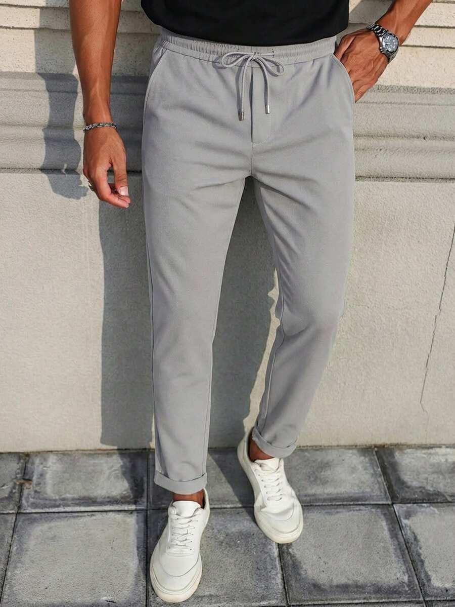 Men's Solid High-Waist Drawstring Detailed Casual Pants With Cuffed Hem - Light Grey - View 1