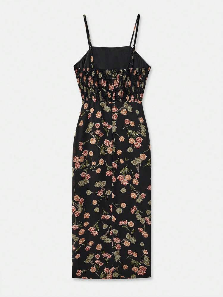 Floral Fitted Midi Dress With Straight Neckline And Straps Cute Black Dress Flower Dress Summer Vacation Dress Spring Summer French Style Parisian Style