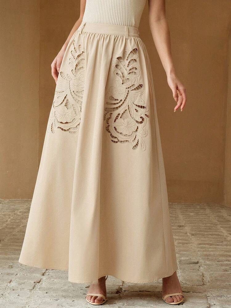 New Arrival Spring/Summer French Retro Khaki A-Line Skirt, Embroidered Hollow-Out Design For Women