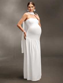 Cheriluna Maternity Robe de maternité longue fendue fluide sans bretelles de couleur unie pour séance photo - Blanc - Voir 5