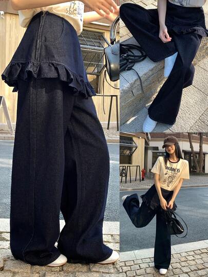 DAZY Quần jeans ống loe nữ kiểu dáng thường ngày, có túi và gấu quần xếp ly, đa năng cho trang phục hàng ngày.