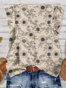 SHEIN LUNE Women's Summer Boho Holiday Vacation Holiday Beige V-Neck Button-Up Blouse,Elegant Retro Floral Botanical Khaki Print Flutter Sleeve Top,Beach Outfits - Multicolor - View 2