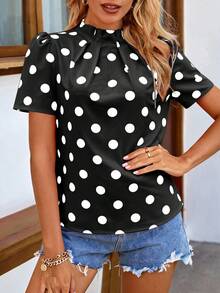EMERY ROSE Women's Polka Dot Print Ruched Collar Short Sleeve Blouse, Spring/Summer Polka Dot Top - Black - View 6