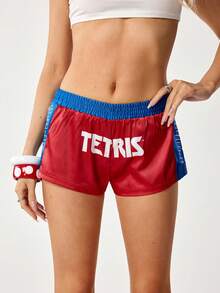 Tetris™ X SHEIN 女士弹力腰宽松休闲百搭短裤 - 彩色 - 查看 2