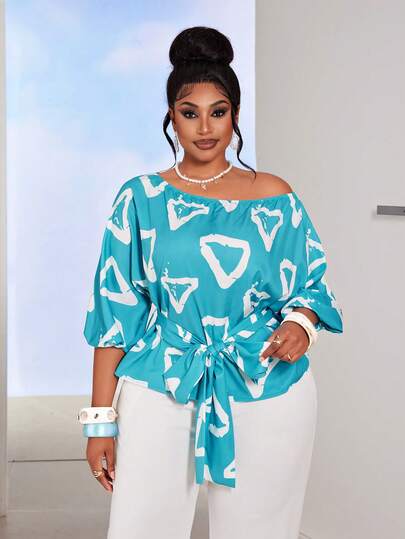 Maweii Blusa elegante de talla grande para mujer con diseño de moda, de uso diario, con mangas de pétalos sueltas y estampado triangular, ideal para primavera y verano, vacaciones y uso casual