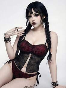 ROMWE Bộ bikini hai mảnh phong cách Gothic dành cho nữ, màu đen và đỏ, họa tiết mạng nhện lưới nhung kết hợp mặt dây chuyền hình nhện, gồm áo quây và quần bơi buộc dây bên hông (dây đeo có thể tháo rời), màu đen/đỏ/đỏ tía, hoàn hảo cho các lễ hội, tiệc tùng, kỳ nghỉ và kỳ nghỉ xuân. Áo tắm tankini phong cách Gothic. Bộ áo tắm tankini dự tiệc lễ hội. Bộ đồ bơi phong cách Gothic Punk. - Nhiều màu - Xem 4