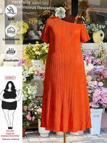 SHEIN CURVE+ Curve 尺码 US22 音乐节、海滨度假、波西米亚风新款不对称领金属纽扣装饰短袖纹理褶裥开衩连衣裙，女士夏季服装，女士吊带裙 - 橘色 - 查看 1