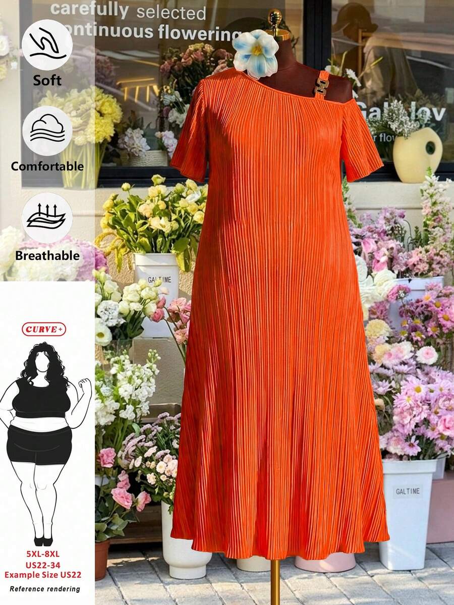 SHEIN CURVE+ Curve 尺码 US22 音乐节、海滨度假、波西米亚风新款不对称领金属纽扣装饰短袖纹理褶裥开衩连衣裙,女士夏季服装,女士吊带裙 - 橘色 - 查看 1