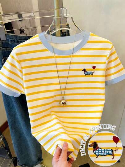 女童宽松短袖上衣，黄色条纹数码印花，小狗图案，时尚休闲，圆领短袖T恤，舒适百搭，适合所有季节