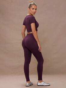 Lumalex Solid Seamless High Stretch Raglan Sleeve Sports Set Workout Women Set Gym Women Outfit - Maroon - View 3