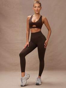 Lumalex Women's Solid Color Hollow Backless Halter Sports Bra - Brown - View 8