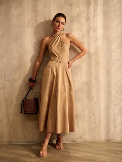 MOTF PREMIUM ELEGANT WOMEN'S CASUAL LOOSE FIT NECK TIE SLIMMING KHAKI DRESS