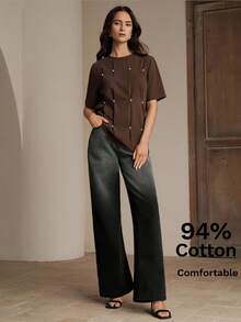 Anewsta Spring/Summer Loose Fit Round Neck Short Sleeve T-Shirt, 94% Cotton, Handmade Pearl Decor - Coffee Brown - View 1