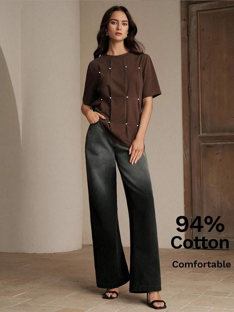 Anewsta Spring/Summer Loose Fit Round Neck Short Sleeve T-Shirt, 94% Cotton, Handmade Pearl Decor