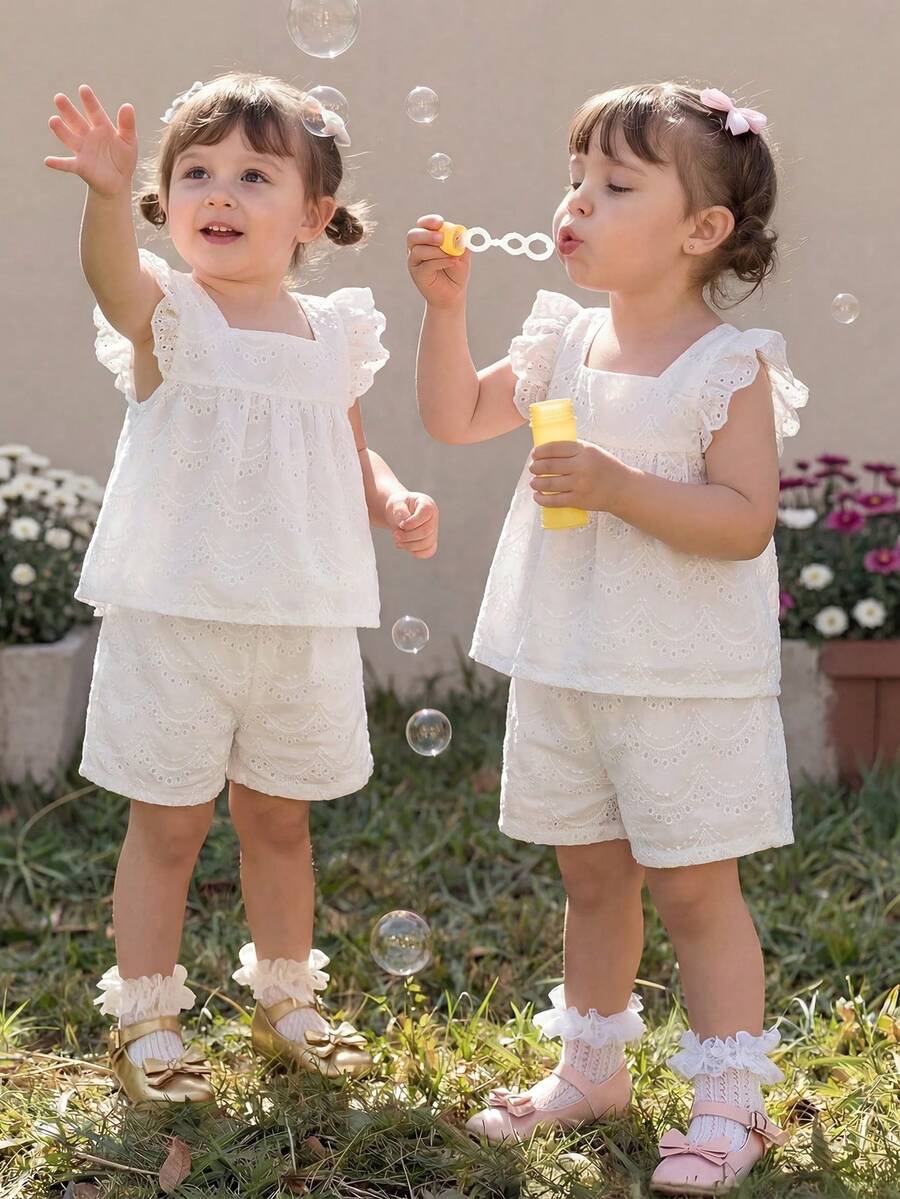 Souflis Souflis 2件套女婴0-3岁春夏优雅甜美纹理面料罩衫领衬衫短裤套装 - 白色 - 查看 1