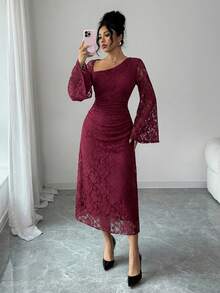 Women's Elegant Lace Asymmetric Ruched Long Dress, Spring/Summer Valentine's Day Wedding Guest Dress Sundress - Red - View 6