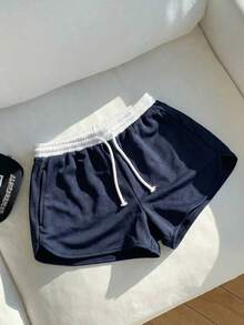 SHEIN Teen Girls' White & Navy Casual Sports Minimalist Drawstring Elastic Waist Super Low Rise Shorts Set, Suitable For Spring/Summer - Blue and White - View 4
