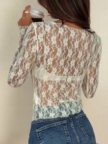 DAZY Women's Polka Dot Sheer Long Sleeve Crew Neck Undershirt, Spring/Summer Going Out Tops - Apricot - View 5