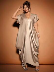 Cravure Đầm ngắn tay cổ chữ V thanh lịch dành cho nữ cỡ lớn, chất liệu vải bóng, màu nâu. - Volcanic Gray - Xem 5