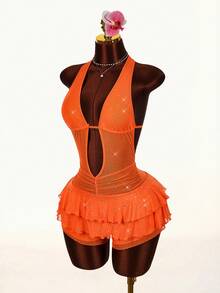 Amplova Mono con lentejuelas sexy y con espalda descubierta para mujer - Naranja - Ver 3