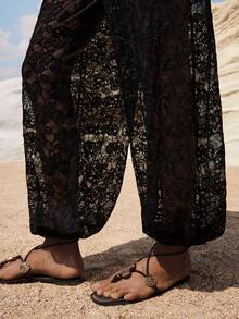 Maija Women's Elastic Waist Floral Lace Pocket Ankle Length Pants - Black - View 7