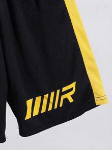 SHEIN 2pcs Tween Boy Splice Sports Textured Vertical Stripe Pattern Short Sleeve T-Shirt And Shorts Set - Yellow - View 5