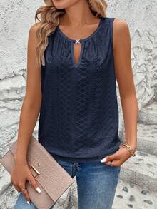 EMERY ROSE Women's Summer Solid Color Laser Cut Embroidery Keyhole Neck Camisole - Navy Blue - View 8
