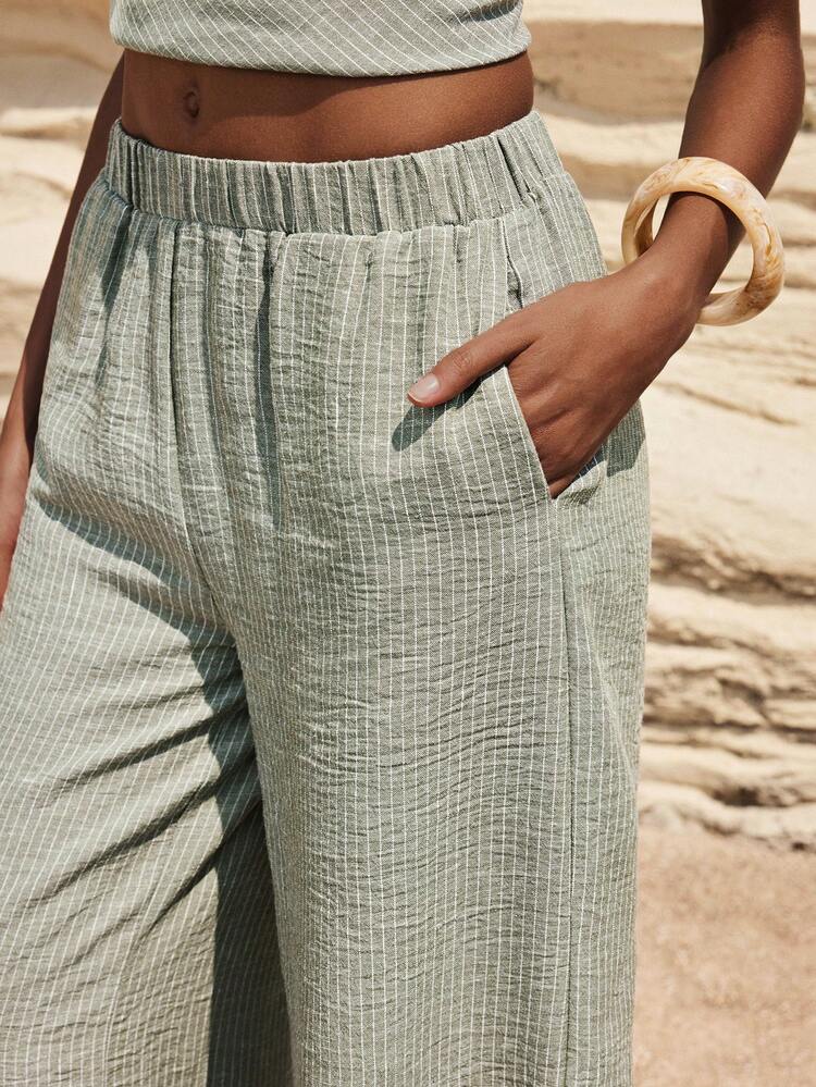 SHEIN Maija Women's Striped Elastic Waist Pants, Summer Clothes , Summer Outfit For Women , Spring Pant, Spring Outfit, Spring Clothes Women , Beach Pant , Beach Outfit For Women , Casual Dress For Women, Holiday, Vacation , Summer Holiday Outfits, Vacation Pant Boho Pants For Women Wide Legs Pants For Women