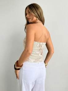 Siren Gaze Top court bustier à lacets avec motif floral pour femmes, hauts sans bretelles, hauts à lacets, Top tube en dentelle, hauts corset pour femmes, Top fleuri brodé pour femmes, Top bandeau pour femmes, hauts d'été pour femmes, tenues d'été pour femmes, nouveautés de hauts pour femmes - Nude - Voir 2