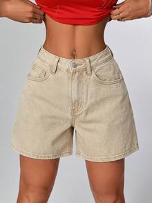 SHEIN PETITE 女款休閒街頭風水洗牛仔短褲 旅行卡其色 夏季 - 卡其色 - 查看 12