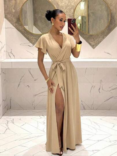 Slaydiva 早春新款，春夏音乐节，情人节，复活节，婚礼季，节日季，休闲优雅，通勤，日常穿着，工作装，度假，派对，邮轮，基础款，日常约会，V领，重叠领，荷叶边袖，短袖，交叉下摆设计，松紧腰，蝴蝶结腰带设计，浅卡其色连衣裙，女士长裙 -Z