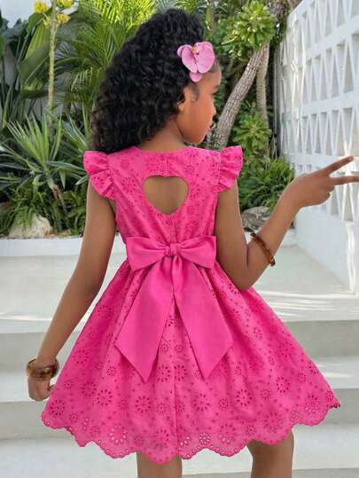 Spring/Summer Fuchsia Heart Hollow Bubble Cap Sleeve Round Neck Waisted Big Bow Girl's Dress, Delicate Hollow Floral Short Princess Style Birthday Party Banquet Daily Wear Cute Dress, 3D Bow Decor Cute Flare Sleeve A-Line Dress