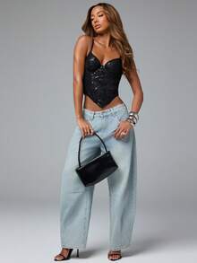 NYA SZN Top sin mangas con tirantes finos, cuello en V profundo, diseño de crenolina con ojales y cordones, para fiestas, vacaciones, invierno, primavera, verano y otros eventos y ocasiones para mujeres - Negro - Ver 3