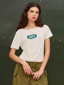 COUREZ 露肩短袖T恤，正面印花 / Y2K 夏季女装，夏季女装，露肩上衣，短袖上衣，音乐节服装，演唱会服装，春季女装 - 白色 - 查看 5