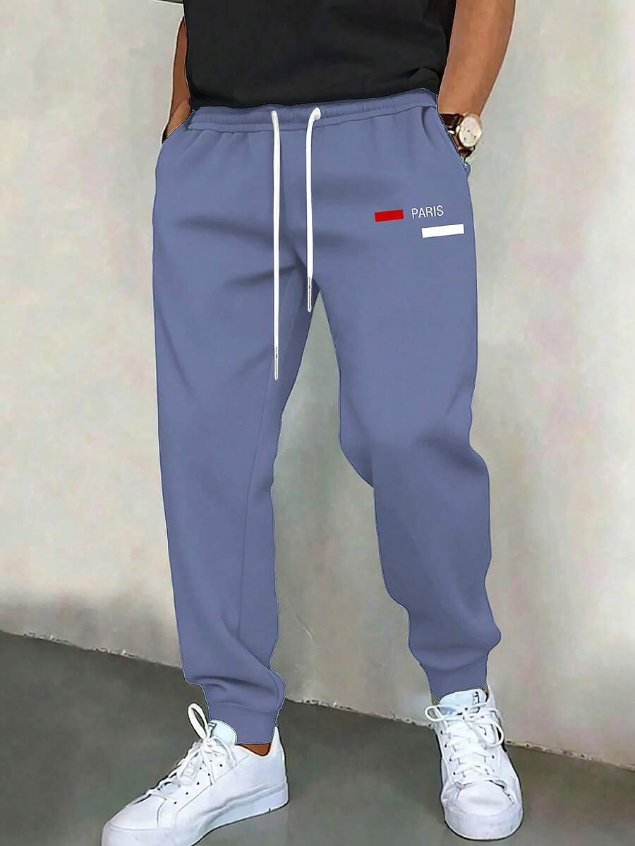 Manfinity Homme Men's Casual Sports Letter Print Drawstring Waist Cuffed Sweatpants - Blue - View 1