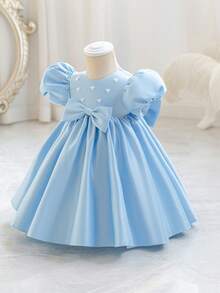 Glamorique Kids Sky Blue Elegant Cute Kawaii Baby Girl Princess Dress Summer High-End Satin Petal Sleeve Bow Decor Doll Handmade Beaded Bridesmaid Birthday Wedding - Blue - View 4