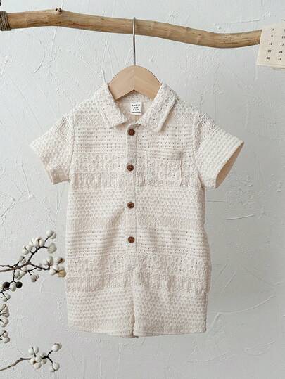 SHEIN Newborn Baby Boy/Girl Casual Apricot Textured Hollow Knit Short Sleeve Lapel Front Open Romper, Loose Fit Suitable For Spring, Summer, Home, Outing, Travel