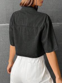SHEIN EZwear 女士短袖单排扣休闲口袋牛仔衬衫 - 黑色 - 查看 2