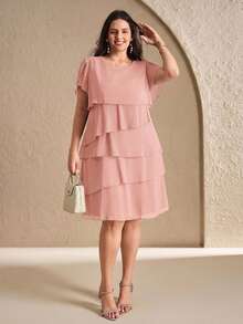 Chikora Plus Size Elegant Solid Color Multi-Layer Dress, Summer - Pink - View 6
