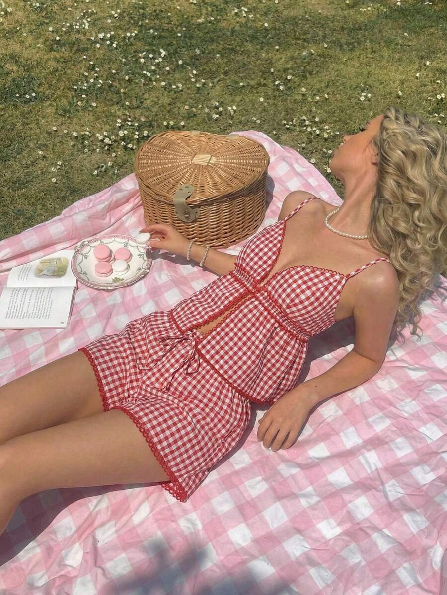 CovetEZ Women's Casual Plaid Camisole And Shorts 2 Pieces Set, Summer Gingham Set Two Piece Set Women Comfy Plaid Two Piece Set Pj Sets For Women Picknick Outfit Women Two Piece Sets Summer Women S Summer Co Ord Women S Summer Outfits Picnic Outfit For Women - Red and White - View 1